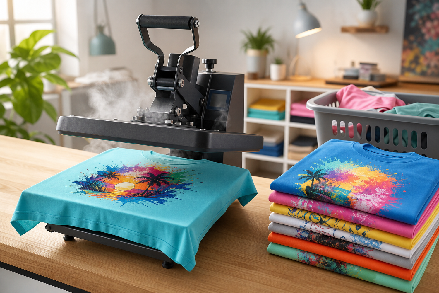 Transferpresse presst buntes Motiv auf türkisfarbenes T-Shirt