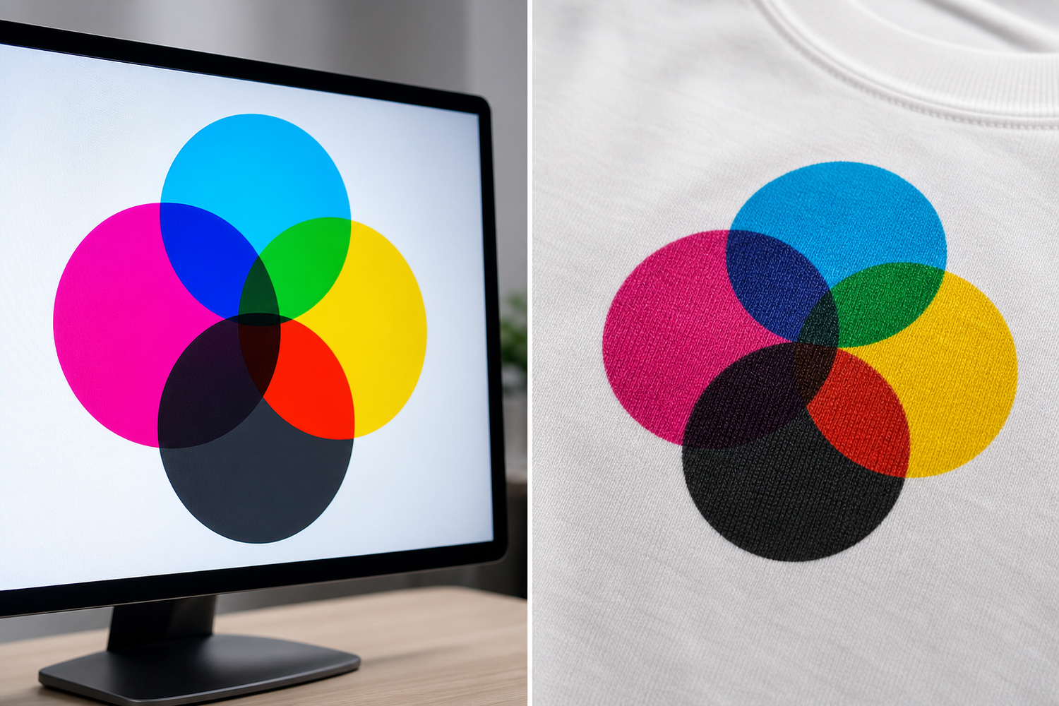 Vergleich CMYK-Farbkreise am Monitor vs. auf bedrucktem Textil