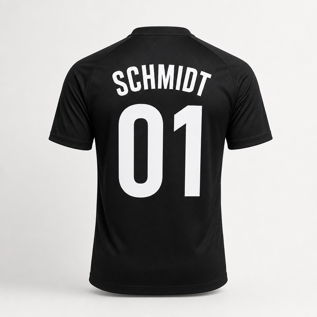 Trikot-Rückseite mit gebogenem Spielernamen und großer Rückennummer als DTF-Transfer