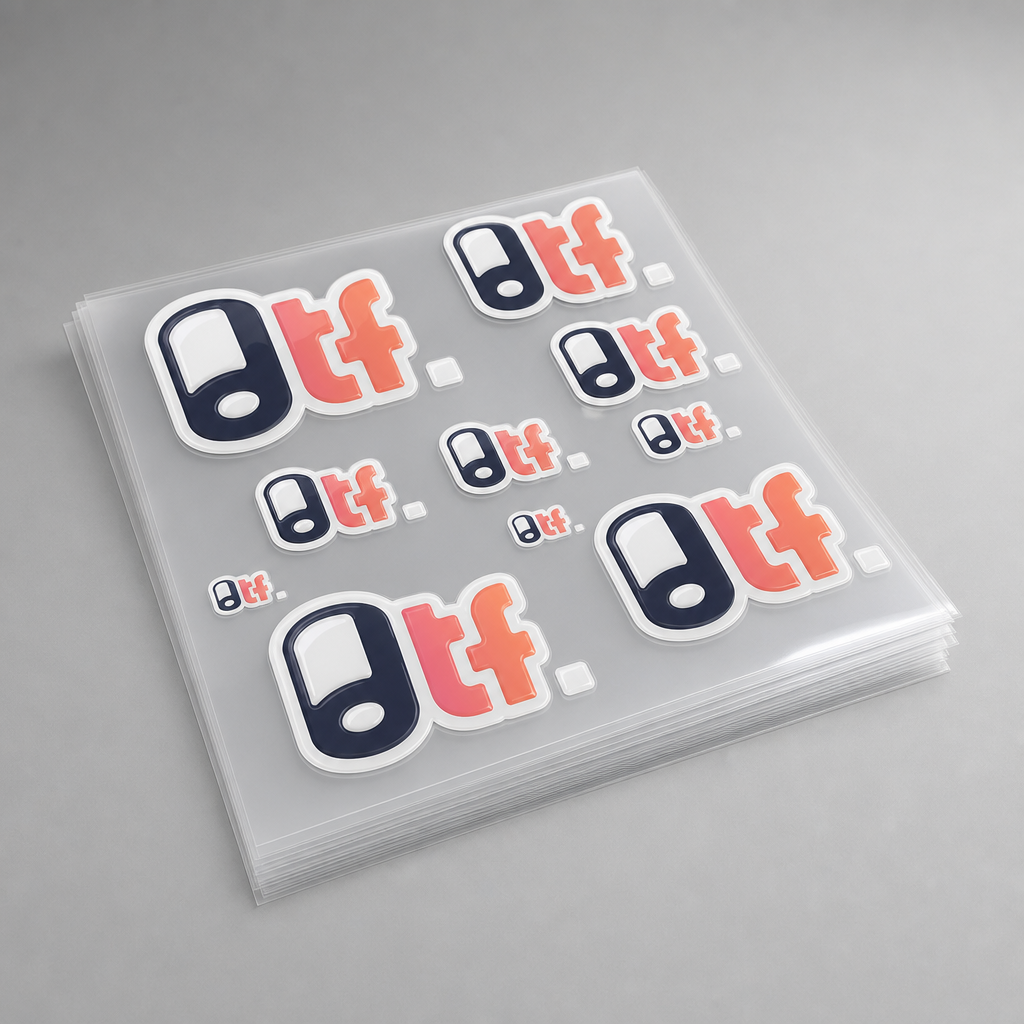 UV DTF Transfers Bogenware – glänzende erhabene Sticker auf klarer Trägerfolie | DTF.online