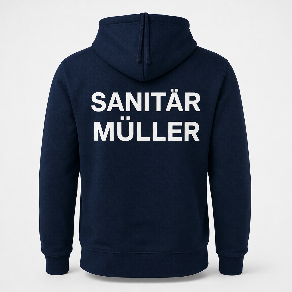 Workwear-Hoodie mit Firmen-Rückenbeschriftung als DTF-Transfer