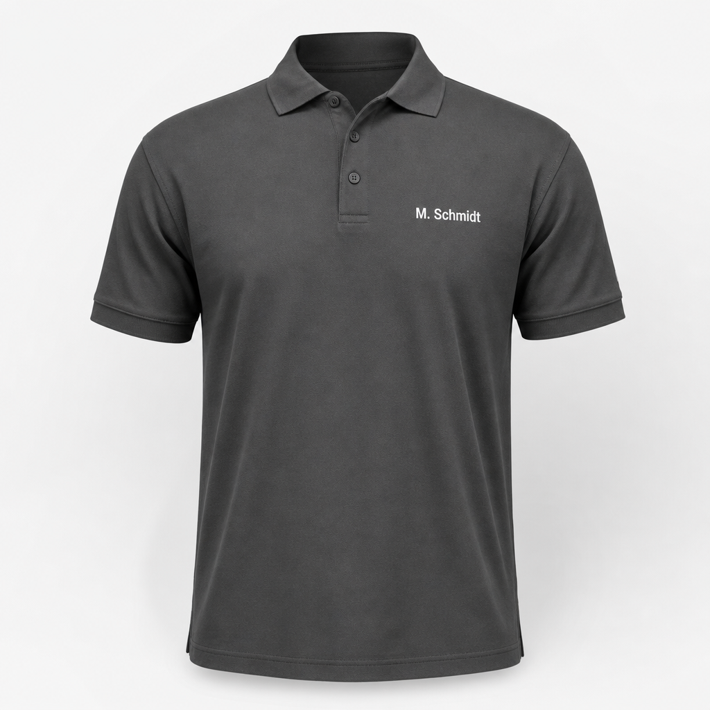 Arbeits-Poloshirt mit Mitarbeiternamen als DTF-Transfer auf der Brust