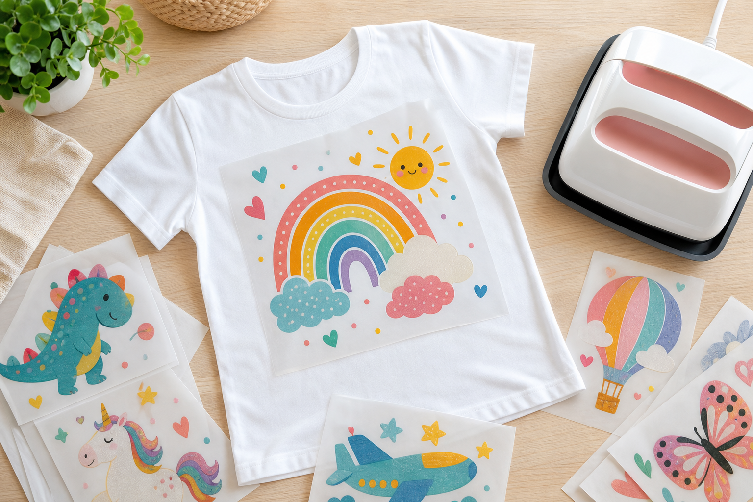 Bügelbild mit Regenbogen-Motiv liegt auf weißem T-Shirt, daneben eine Transferpresse