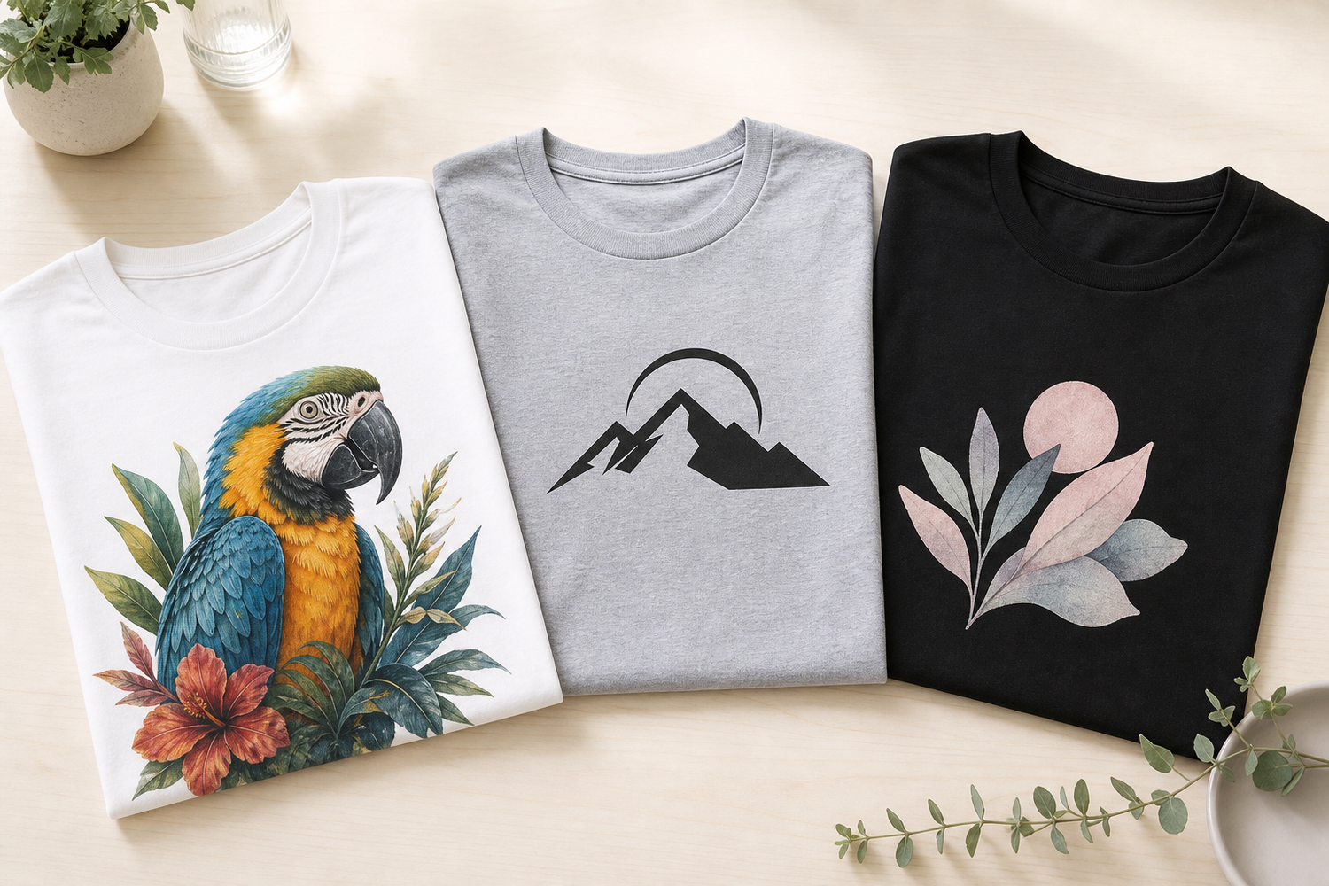 Drei T-Shirts mit unterschiedlichen Druckverfahren nebeneinander im Vergleich