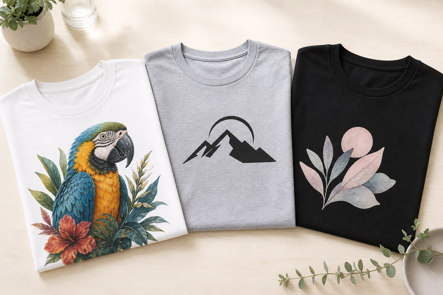 Drei T-Shirts mit unterschiedlichen Druckverfahren nebeneinander im Vergleich