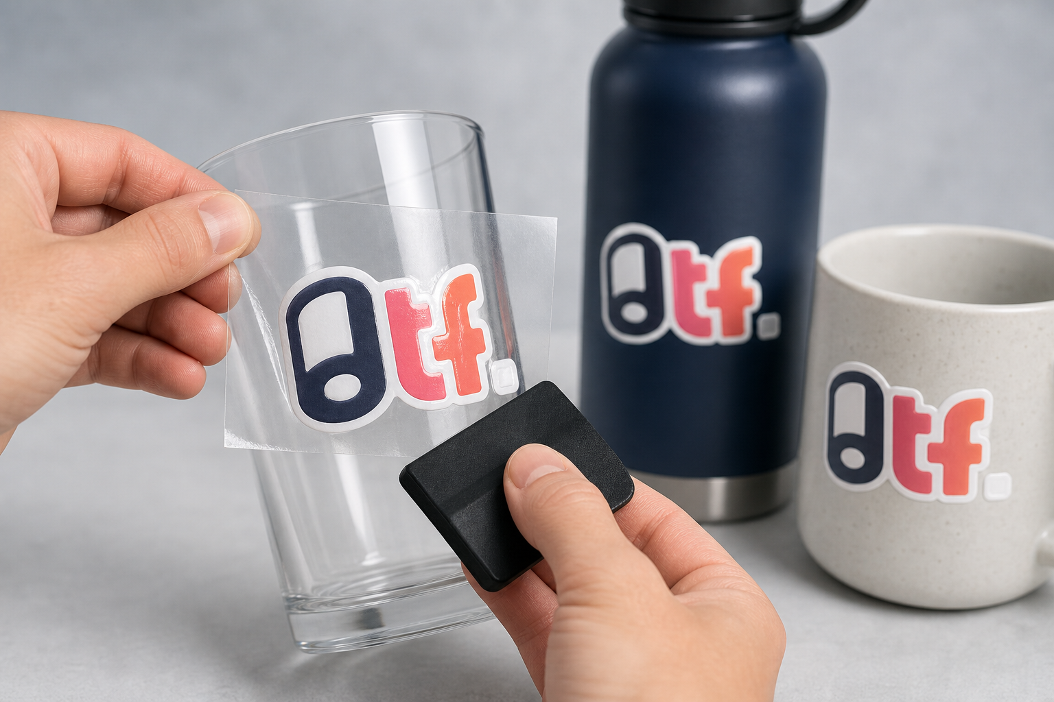 UV DTF Transfer auf klarer Trägerfolie wird per Rub-On auf ein Glas gerakelt – glänzende, erhabene Sticker auf Flasche und Tasse