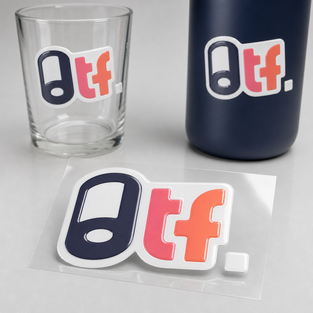 UV DTF Transfer im Wunschformat – glänzender erhabener Sticker auf klarer Folie, aufgerubbelt auf Glas und Flasche | DTF.online